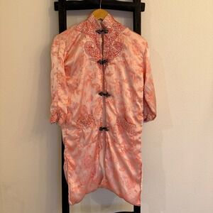 Vintage Pink Asian Satin Brocade Dragon Phoenix Chinese Robe Jacket Kimono Style